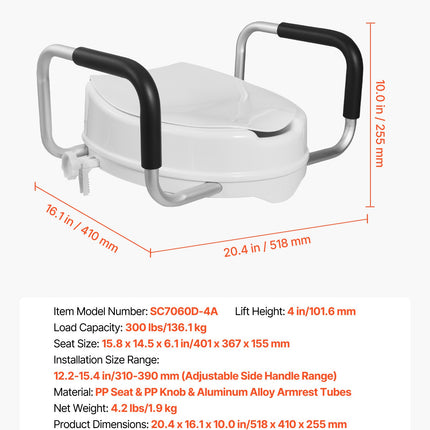 Paaukštinta tualeto sėdynė VEVOR SC7060D-4A, 101,6 mm aukščio