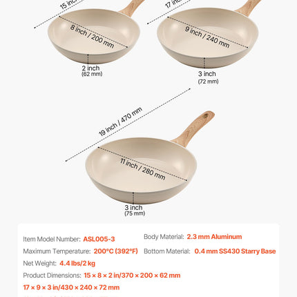 Keptuvių rinkinys VEVOR ASL005-3, 3 vnt. (20, 24, 28 cm)