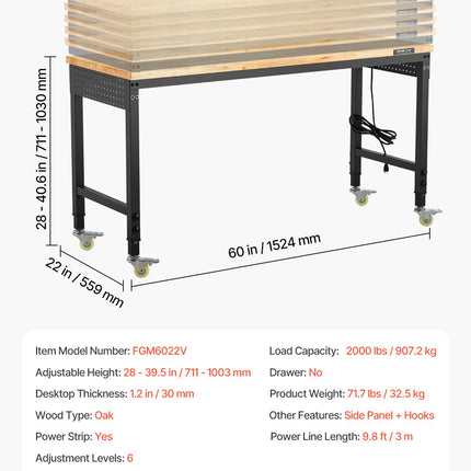 Reguliuojamo aukščio darbastalis VEVOR FGM6022V, 907 kg apkrova
