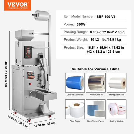 Automatinė birių produktų pakavimo mašina VEVOR SBF-100-V2, 1–100 g