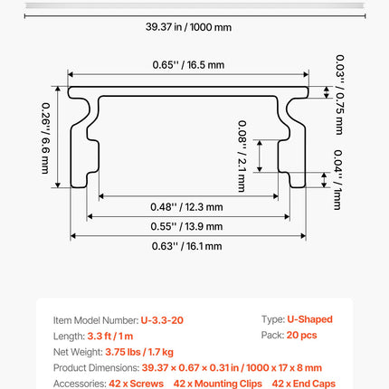 LED juostų profilių rinkinys VEVOR U-3.3-20, 20 vnt. po 1 m, U formos