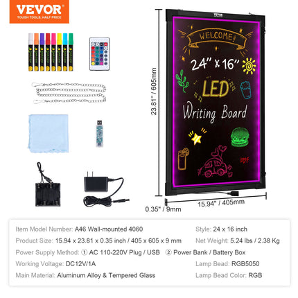 LED rašymo lenta VEVOR A46 Wall Mount 4060, 60x40 cm