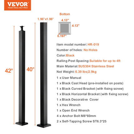 Trosinių turėklų stulpas VEVOR HR-019, 106,7 cm aukščio