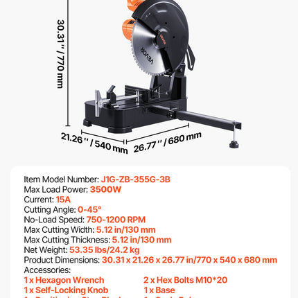 Metalo pjovimo staklės VEVOR J1G-ZB-355G-3B, 3500 W