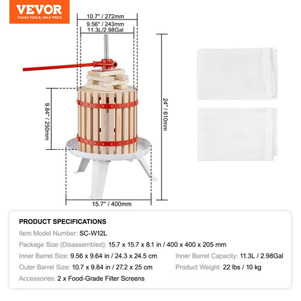 Vaisių ir uogų presas VEVOR SC-W12L, 11,3 l