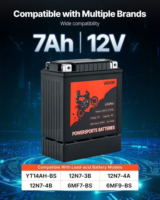 Motociklo akumuliatorius VEVOR AMX12-ST070B, 12V 7Ah LiFePO4