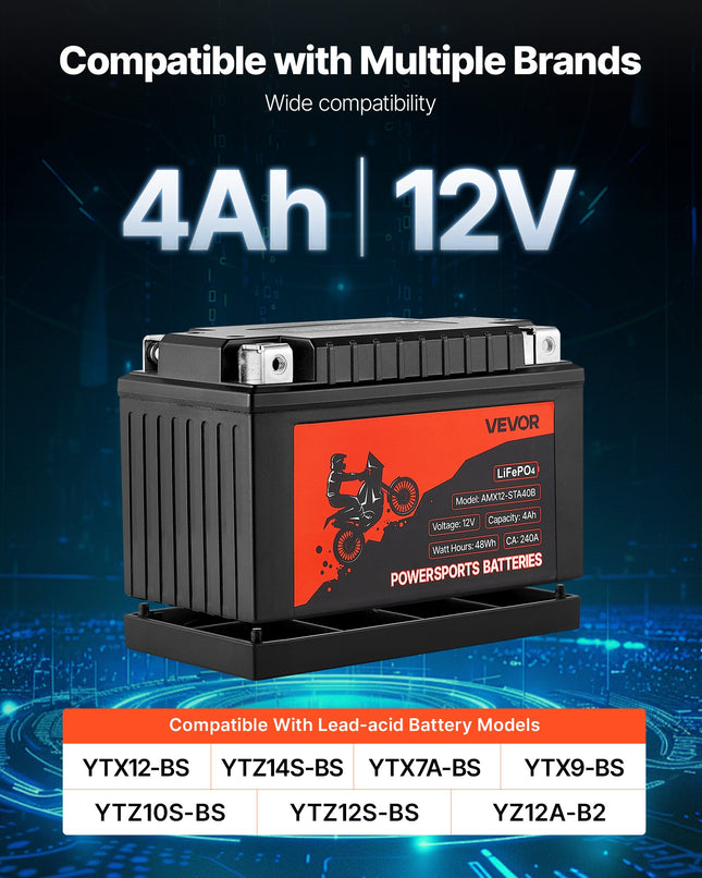 Motociklo akumuliatorius VEVOR AMX12-STA40B, 12V 4Ah LiFePO4