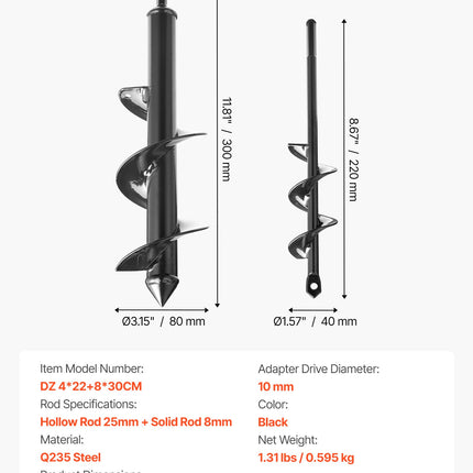 Sraigtinių grąžtų rinkinys sodinimui VEVOR DZ 4*22+8*30CM, 2 vnt.