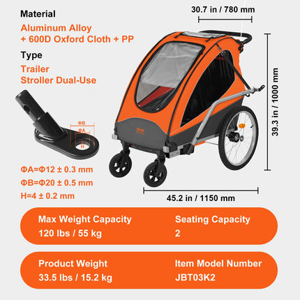 Dviračio priekaba-vežimėlis VEVOR JBT03K2, 55 kg apkrova