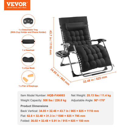 Nulinės gravitacijos kėdė VEVOR HQB-FAN003, 227 kg keliamoji galia