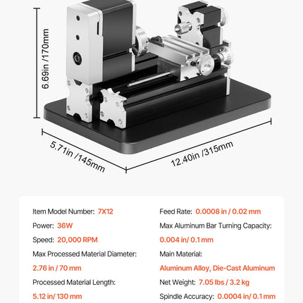 Mini metalo tekinimo staklės VEVOR 7X12, 20 000 sūk./min.