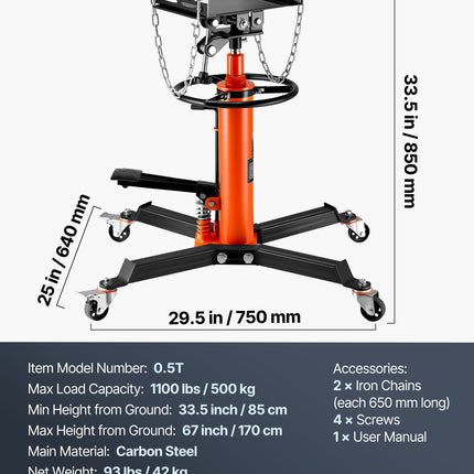Pavarų dėžių keltuvas VEVOR 1100ORANGEJACK, 500 kg