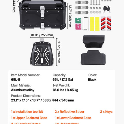 Motociklo galinė dėžė VEVOR 65L-B, 65 l talpa