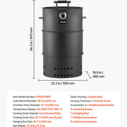 Anglinė rūkykla-kepsninė VEVOR KY8547MFS, 470 mm skersmens