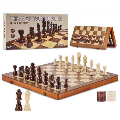 Magnetinis medinis šachmatų ir šaškių rinkinys VEVOR SSC-15F, 38 cm