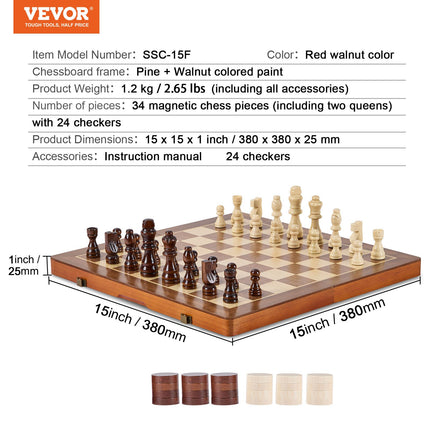 Magnetinis medinis šachmatų ir šaškių rinkinys VEVOR SSC-15F, 38 cm