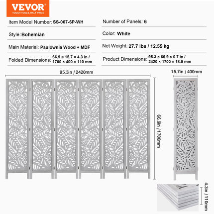 Medinė kambario pertvara VEVOR SS-007-6P-WH, 6 dalių, 170 cm aukščio