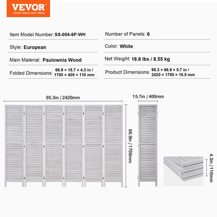 Medinė širma VEVOR SS-004-6P-WH, 6 dalių, 170 cm aukščio