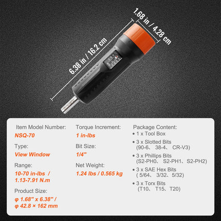 Dinamometrinis atsuktuvas VEVOR NSQ-70, 1.13-7.91 Nm