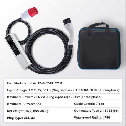 Nešiojamas elektromobilių įkroviklis VEVOR EV-B07-EU022B, 22 kW
