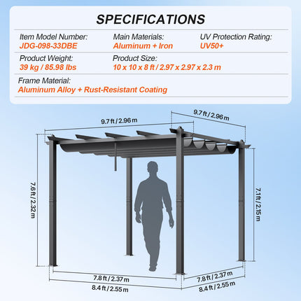 Pergola VEVOR JDG-098-33DBE, 3x3 m su ištraukiamu stogeliu