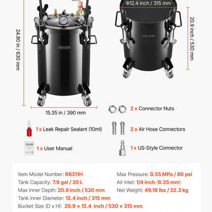 Slėginis indas dervai VEVOR R8311H, 30 L