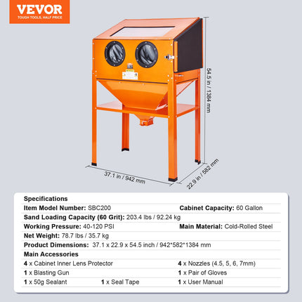 Smėliavimo kamera VEVOR SBC200, 227,1 l