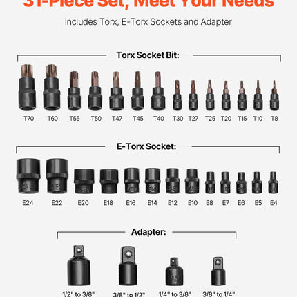 Torx galvučių ir antgalių rinkinys VEVOR 31PCS 31TE, 31 vnt.