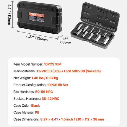 XZN galvučių su antgaliais rinkinys VEVOR 10PCS 10M, M4-M18