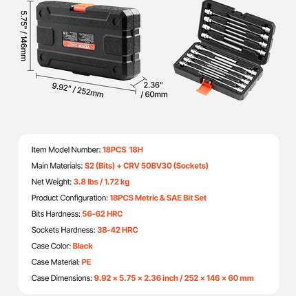 Šešiakampių galvučių (Allen) rinkinys VEVOR 18PCS 18H, 18 dalių