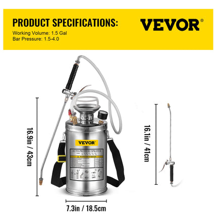 Nerūdijančio plieno purkštuvas VEVOR 6L, 1.5-4.0 bar