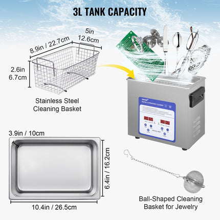 Ultragarsinė valymo vonelė VEVOR TH-020A, 3 l talpa