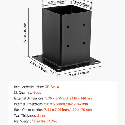 Kolonų atramos VEVOR QB-6in-4, 142x142 mm, 4 vnt.