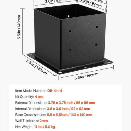 Tvoros stulpo pagrindas VEVOR QB-4in-4, 92x92 mm, 4 vnt.