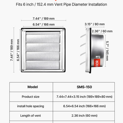 Sieninės ventiliacijos grotelės VEVOR SMS-150, 145 mm