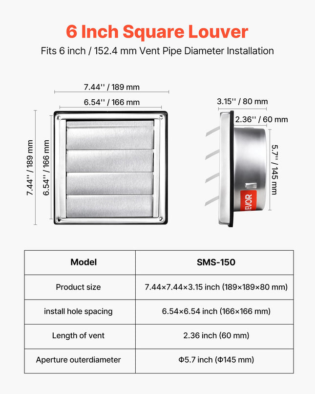 Sieninės ventiliacijos grotelės VEVOR SMS-150, 145 mm