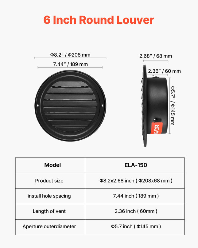 Sieninės ventiliacijos grotelės VEVOR ELA-150, 145 mm, 2 vnt.