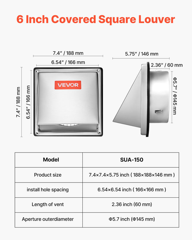 Išorinės ventiliacijos grotelės VEVOR SUA-150, 145 mm