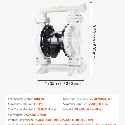 Pneumatinis dvigubos membranos siurblys VEVOR QBK-25, 95 l/min