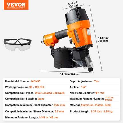 Pneumatinis vinių kalimo pistoletas VEVOR MCN90, 45–90 mm