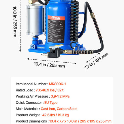 Pneumatinis hidraulinis keltuvas (domkratas) VEVOR MR8006-1, 32 t