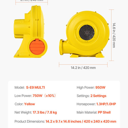 Oro pūstuvas pripučiamoms pramogoms VEVOR S-E9 MULTI, 950 W