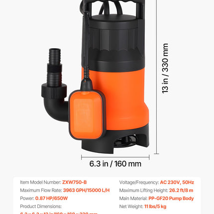 Panardinamas drenažinis siurblys VEVOR ZXW750-B, 650 W, 15000 l/val.