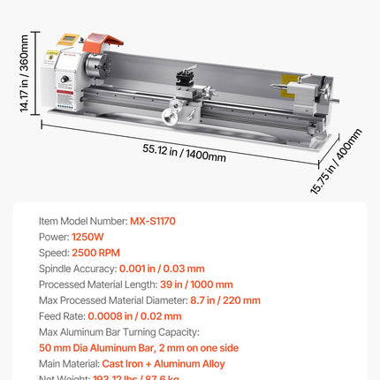 Metalo tekinimo staklės VEVOR MX-S1170, 1250 W