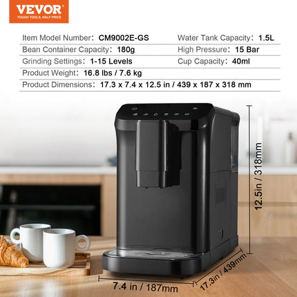 Automatinis kavos aparatas VEVOR CM9002E-GS, 15 barų slėgis