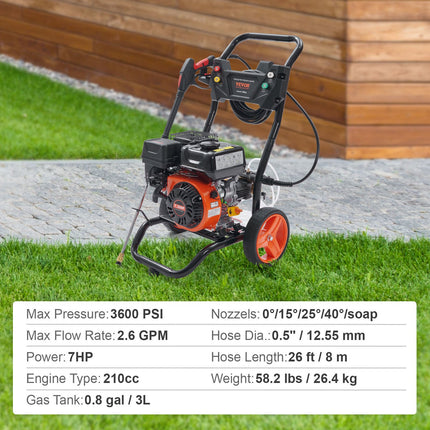 Benzininis aukšto slėgio plovimo įrenginys VEVOR BS180D-SP, 3600 PSI