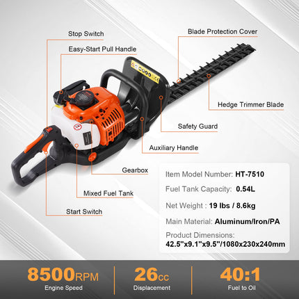 Benzininės gyvatvorių žirklės VEVOR HT-7510, 26 cm³