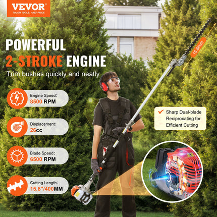 Benzininės aukštapjovės gyvatvorių žirklės VEVOR F26-B, 26 cm³