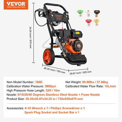 Benzininis aukšto slėgio plovimo įrenginys VEVOR 180D, 3950 PSI