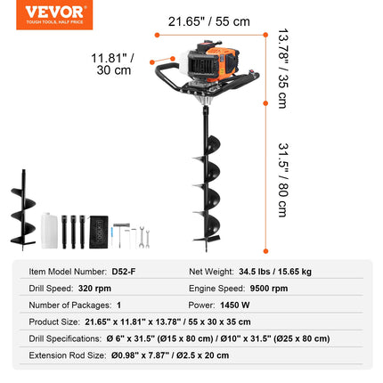 Benzininis žemės grąžtas VEVOR D52-F, 1450 W